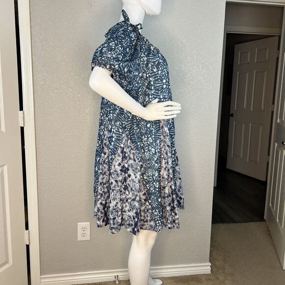 FREE PEOPLE Size S Jet Set Mini Dress Batik Blue The Off Shoulder Swing Pockets - Picture 7 of 9